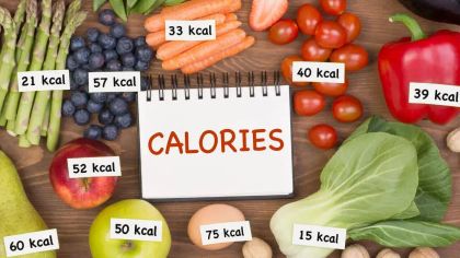 A notepad labeled "CALORIES" surrounded by various fruits and vegetables, each with their calorie count displayed.