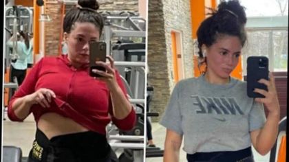 A split image of a woman in workout attire, taking selfies in a gym setting. She poses confidently with her phone.