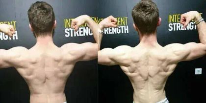 Muscular man flexing his back muscles, showcasing strength; two images side by side with a fitness backdrop.