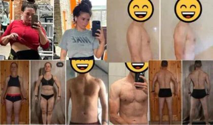 Collage of fitness progress photos showing individuals before and after workouts, with smiling face icons covering their faces.