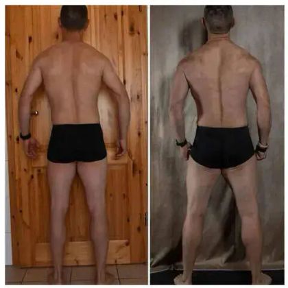 A side-by-side comparison of a man's back, showcasing muscular definition in different lighting and background settings.