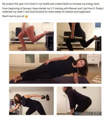 Collage of a woman exercising at home, showcasing various workouts and a positive expression.