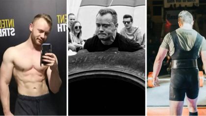 A collage of three images: a man flexing in a mirror selfie, pushing a tire, and competing in weightlifting.