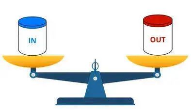 A balanced scale with a blue jar labeled "IN" and a red jar labeled "OUT" on either side.