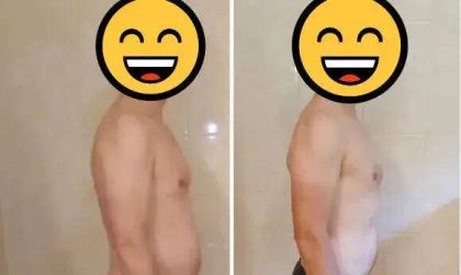 Before and after side view images of a person showing body transformation, with smiley face emojis covering their heads.