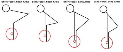 Illustration of four stick figures with varying torso and arm lengths, each with a red circle as a wheel.