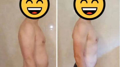 Before and after transformation images of a person showing changes in physique, with smiley face icons covering their faces.