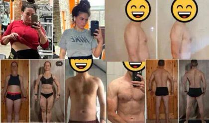 Collage of fitness transformation photos showing individuals before and after, with emojis covering their faces.