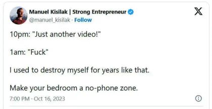 Tweet by Manuel Kisilak discussing late-night video watching and promoting a no-phone bedroom policy.