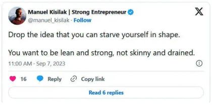 Tweet by Manuel Kisilak advising against starving for fitness, promoting being lean and strong instead of skinny.