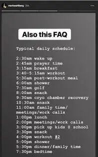 Image of a daily schedule outlining activities from 2:30 AM to 7:30 PM, including workouts, meals, and family time.