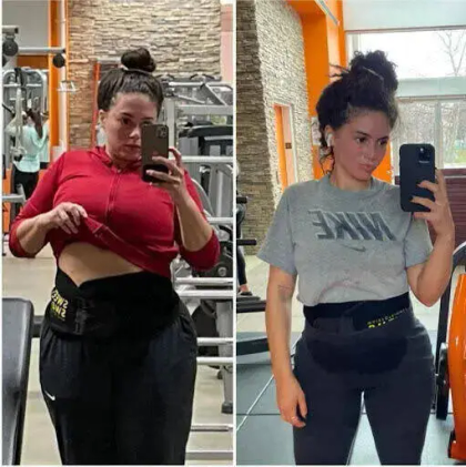 Before-and-after fitness progress photo of a woman in a gym, showing weight loss and increased confidence.
