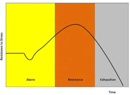 Graph illustrating the relationship between resistance to stress and time, divided into Alarm, Resistance, and Exhaustion phases.