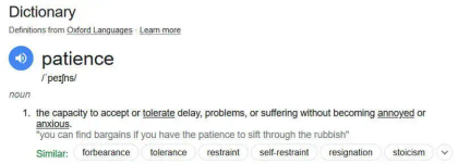 Definition of "patience" from Oxford Languages, explaining its meaning and providing examples.