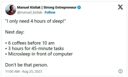 Tweet by Manuel Kisilak humorously highlighting the reality of needing more sleep despite claiming just 4 hours.
